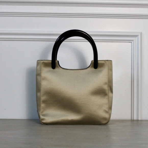 Vintage Late 1990s Prada Taupe Satin Handbag with Black Composite Handles - Picture 2 of 11